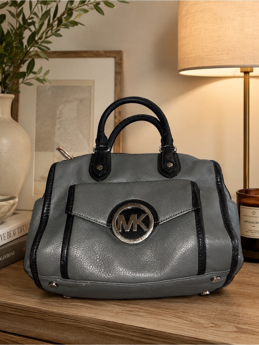 Michael Kors Gray Pebbled Leather Satchel with Black Trim and MK Logo